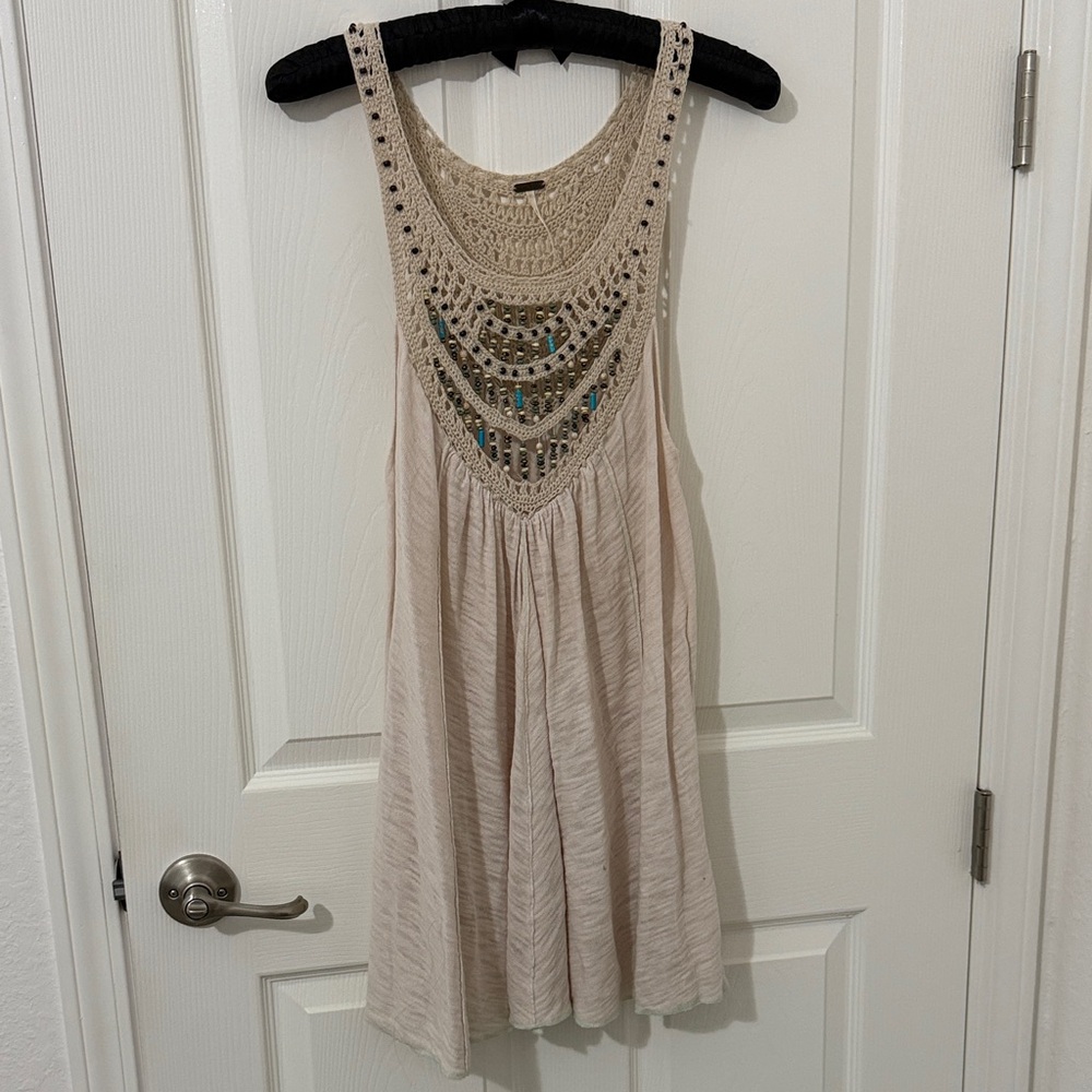 Free People Beige Crochet Tank Top with Beaded Accents
